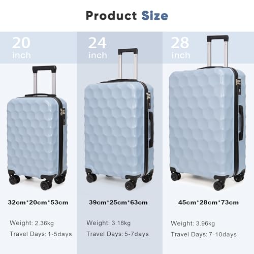 Aklsvion Set of 3 Suitcases 20/24/28 Inches - Hard Case, Built-in Lock, 360° Multidirectional Wheels, Trolley Suitcase for Travel, Blue, Rigid