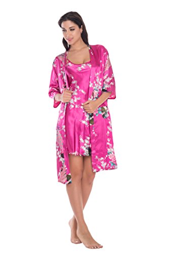 Yukata Womens Gorgeous Loungewear 2PC Set Sleepwear Camisole & Robe, Rose 3XL