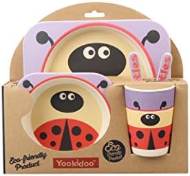 5 PC SET - Super Cute Animal Theme Kids Dinnerware Set - Eco-Friendly Bamboo - BPA Free (Multiple Designs) (Lady Bug)