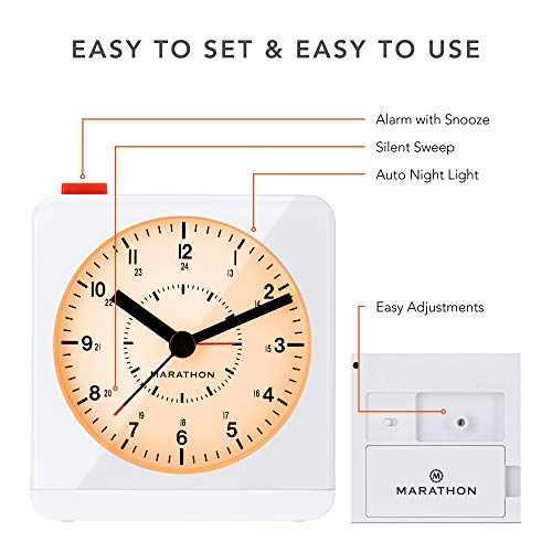 MARATHON CL030053WH Classic Silent Sweep Alarm Clock with Auto Night