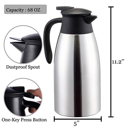 BonNoces 68 Oz Stainless Steel Coffee Carafe/Thermal Carafe - Dust Proof Cover - Fully Sealed - 2L Large Double Wall Vacuum Insulation Thermos - Keep Drink Hot and Cold (Silver)