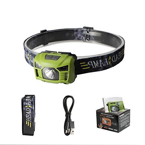 Three trees Sensor Brightest LED -With Red Light Rechargeable Headlamp Flashlight for Kids Men and Women ,Waterproof Perfect for Running, Walking ,Reading,Camping Adjustable in 200 Lumens (green)