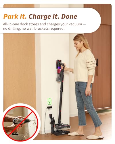 ElecKeys 650W Cordless Vacuum Cleaner for Pet Hair & Hardwood Floors, 55kPa Lightweight Vacuum Cleaners with 65 Mins Runtime, Quiet Stick Vac,Charging Dock, Self-Standing, Foldable Tube