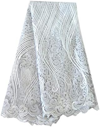 Fongbay 5 Yards African Lacey 2018 Bridal Latest Fabrics Embroidered and Rhinestones Guipure Cord Lace Wedding Evening Dress (White)