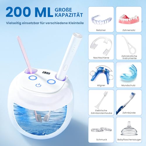 Ultraschallreinigungsgerät 45KHz mit 200mL Dental Pod, 4 Modi Ultraschallreiniger, UV Ultrasonic Cleaner für Zahnersatz, Zahnschiene, Retainer, Zahnspangen, Aligner, Zahnprothesen, Mundschutz, Schmuck