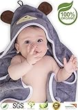 Premium Hooded Baby Towel, 100% Organic Bamboo, Free Baby Bib, Perfect Baby Shower Gift, 35x35 for Newborns Infants Toddlers & Kids, for Boys and Girls at Bath Pool & Beach, Better Than Cotton (Gray)