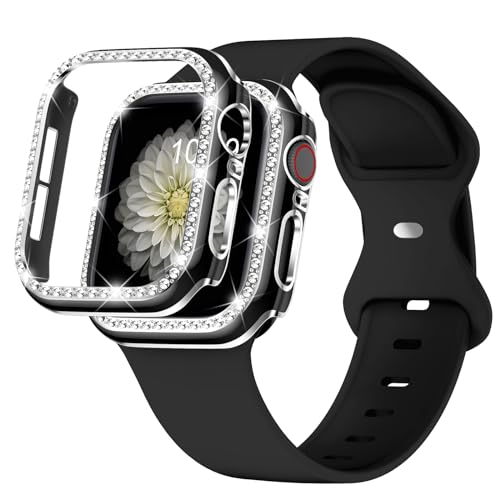 XYF Compatible for Apple Watch Bands 44mm Women with Bumper Case, Soft Silicone Strap Glitter Bling Face Cover for iWatch SE Series 10 9 8 7 6 5 4 3 2 1 (Black, 44)