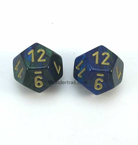 WCXPG1236E2 Blue and Green Gemini Dice with Gold Numbers D12 Aprox 16mm (5/8in) Pack of 2 Dice Chessex