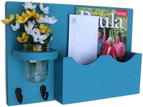 Legacy Studio Décor Mail Organizer with One Large Mail Slot Key Hooks and Mason Jar (Smooth, Teal)