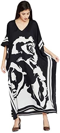 Goood Times Black & White Floral Long Kaftan Kimono Maxi Dress Plus Size Caftan Gown Nightdress Kimono Women