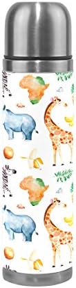 saobao Water Bottle Giraffe Rhino Zebra Banana Stainless Steel Double Wall Vacuum Insulatied Thermos Cup Leak Proof Travel Coffee Mug Genuine Leather Cover Keep Drinks Hot and Cold 17 Oz