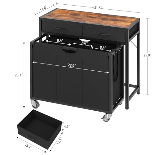 FIONESO Rolling Laundry Basket with 3 Section Pull-Out Bags, Laundry Hamper with 2 Drawers, 2-Tone Top Panel Laundry Sorter, Laundry Basket Organizer with Wheels, Laundry Room, Bathroom, Black