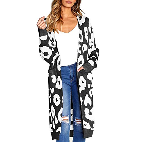 Women's Long Sleeve Casual Open Front Leopard Knitted Sweater Coat Cardigan Pockets (Black, S)