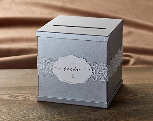 Hayley Cherie - Silver Gift Card Box with White Lace and Cards Label - Silver Textured Finish - Perfect for Weddings, Baby Showers, Birthdays, Graduations - Large Size 10" x 10"