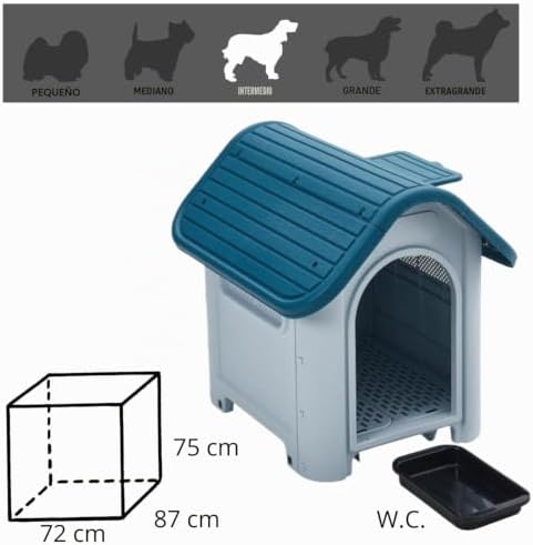 - Caseta para Perros Medianos con Techo Solar Ajustable y WC. Uso Interior y Exterior con respiraderos. Material Resistente. 87x72x75cm. Azul y Blanco.