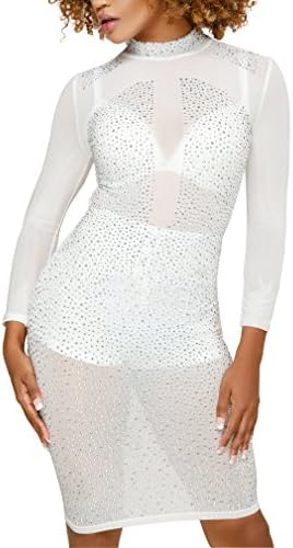 Anermy Women Rhinestone Glitter Mesh See Through Mock Neck Bodycon Mini Clubwear Dress