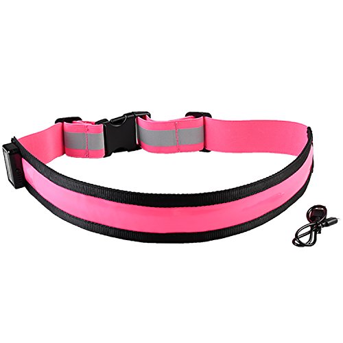 LED Light Up Running Belt Reflective Waist Belt USB Rechargeable Safety Lights Fully Adjustable Elastic Glowing Band & High Visibility Gear for Running Walking Cycling, Fits Women Men & Kids (Pink)