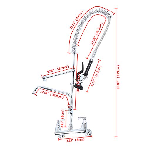 Ridgeyard Commercial Wall Mount Kitchen Sink Faucet Brass Constructed Polished Chrome Pre-Rinse Device 46" Height 8" Center with Coilded Spring Pull Down Sprayer and 12" Add-on Spout - Thumbnail 2