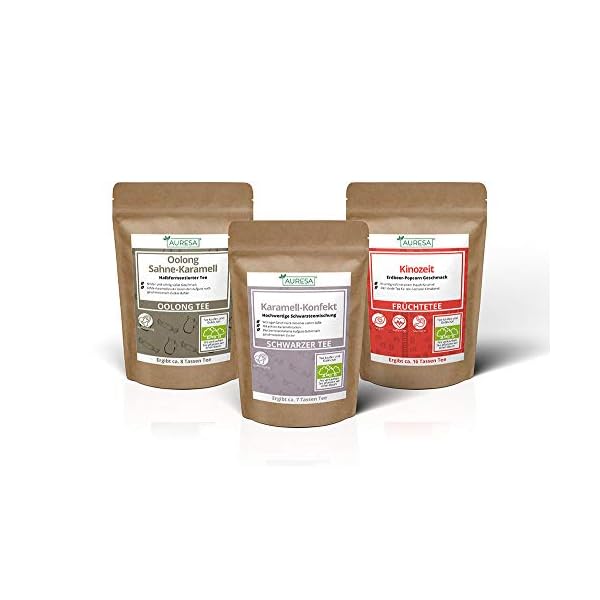 AURESA Für Naschkatzen Tee Set | Süßes Karamell und knuspriges Popcorn | Zuckersüße Überraschung in flüssiger Form