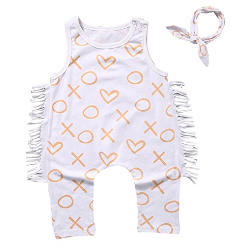 2Pcs Outfit Set Newborn Toddler Baby Girl Boy Print Sleeveless Romper Jumpsuit Sunsuit Clothes (White, 6-12 Months)