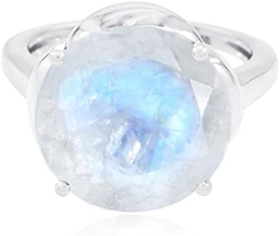 Real Gemstones Round Faceted Rainbow Moonstone ring - 925 Sterling Silver White Rainbow Moonstone Real Gemstones Ring - great jewelry greatest item gift for friend on sale UK sz M-S