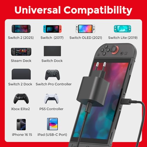 60W Charger for Switch 2, Fast Charger with 1.5M/5FT USB C Cable, Compatible with Nintendo Switch/OLED/Lite/Dock/Pro Controller/Deck - Support 4K TV Mode