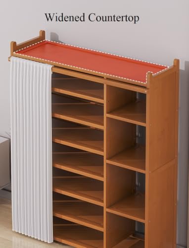 Shoe Rack Storage Cabinet Bamboo Free Standing Shoe Racks with Dustproof Curtain Storage Shelf Organizer for Entryway Hallway Bedroom (E-7 Tier)