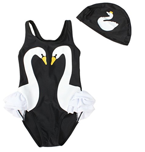 Carkoo Baby Girls One Piece Swan Swimsuits Ruffle Bathing Suit Beachwear (Small,Black)