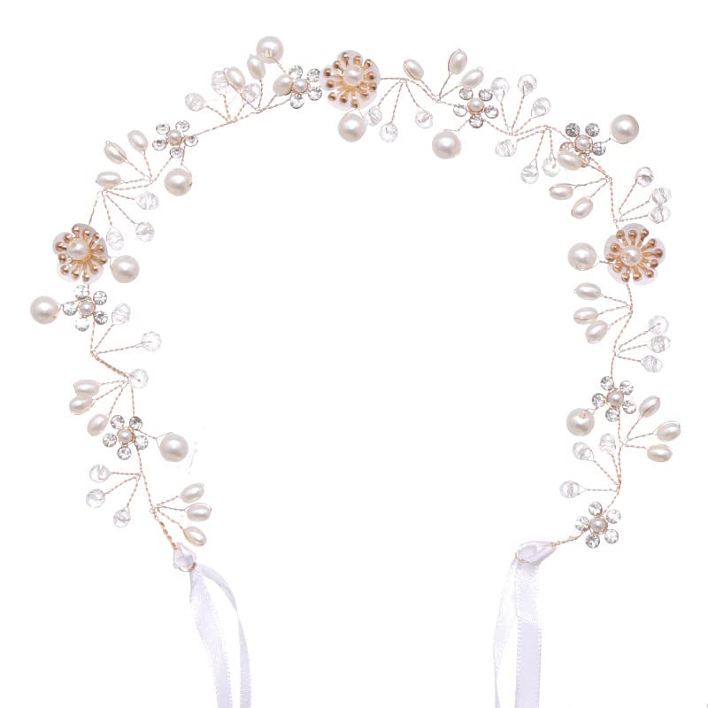 Uongeod Crystal Pearl Bridal Headband Bohemian Headpiece Leaf Hair Vine Flower Wedding Hair Accessories (Gold)