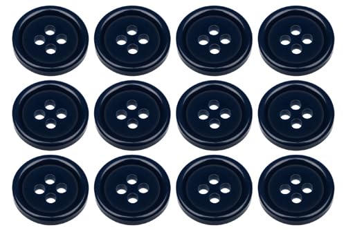 Pack of 12 Dark Blue Sew on 15mm Round Buttons Flat 4 Holes 24L 24 Ligne