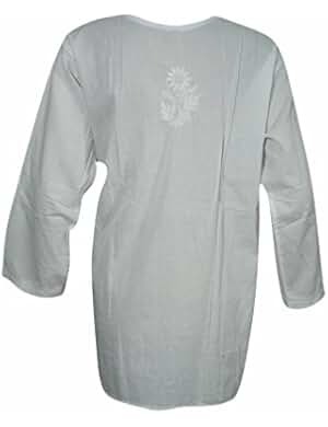 Mogul Womens Tunic Shirt White Floral Embroidered Chikan Cotton Top Blouse Large