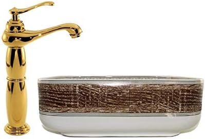 Wooden Hints Square Ceramic Sink with Gold Faucet; Unique Design White Bathroom Sink, Modern Porcelain Above Counter Art Design Bathroom Vessel Sink With Gold Finish Faucet Combo