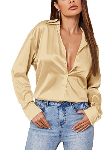 MakeMeChic Women's Satin Silk Long Sleeve Blouse