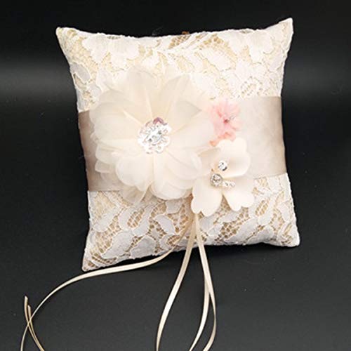 Aisheny 1Pc Floral Lace Ring Pillows, Bridal Wedding Ceremony Pocket Bearer Cushion Pillow Cushion with Ribbon (Color : Beige)