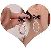 Yheakne Boho Bow Pearl Drop Earrings Vintage Oval Pearl Earrings Oval Pearl Hoop Earrings Black Bow Knot Stud Earrings Jewelry for Women