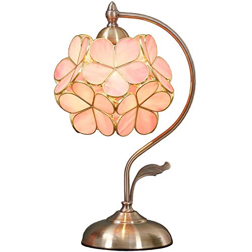 Bieye Tiffany Style Stained Glass Flower Petal Table Lamp with Brass Base for Home Décor (Pink, 8" Cherry Blossom)