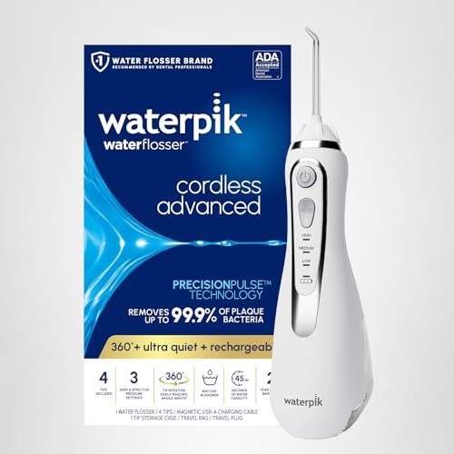 WATERPIK CORDLESS ADVANCED 2.0 WATER FLOSSER FOR TEETH, GUMS, BRACES, DENTAL CARE WITH TRAVEL BAG AND 4 TIPS, ADA ACCEPTED, RECHARGEABLE, PORTABLE, AND WATERPROOF, WHITE WP-580, PACKAGING MAY VARY