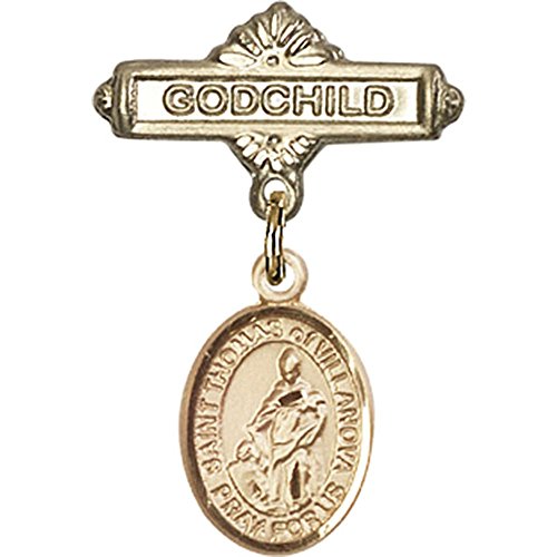 Gold Filled Baby Badge with St. Thomas of Villanova Charm and Godchild Badge Pin 1 X 5/8 inches