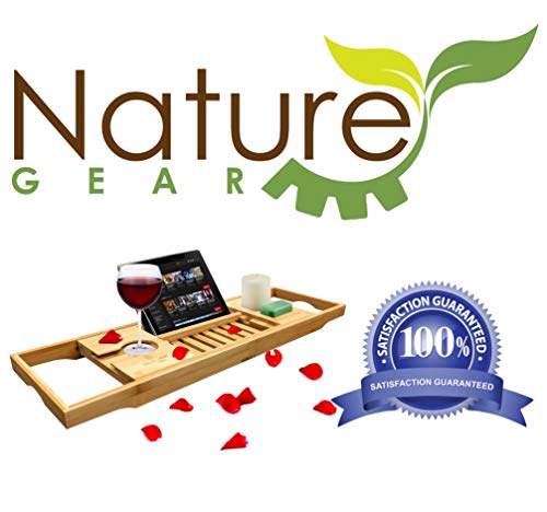 Nature Gear Wood Bamboo Luxury Bath Caddy for Your Book, Tablet or Smartphone - Bathtub Tray with Extending Arms