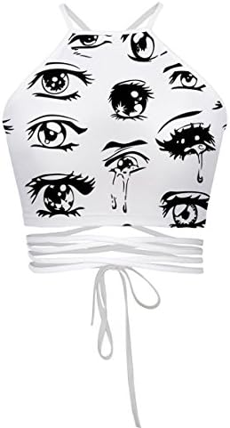 Women's Girls Cartoon Print Crisscross Halter Vest Crop Tops Tanks Camis, Eyes, One Size