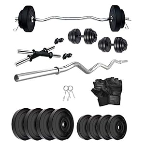 FITMAX PVC 16KG COMBO HOME GYM SET WITH ONE 3 FT CURL AND ONE PAIR DUMBBELL RODS COMES WITH GYM GLOVES