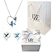 Heart Butterfly Sterling Silver Swarovski Elements Crystal Necklace Earring Matching Womens Girls Jewelry Set, Great for gift, brithdays, present