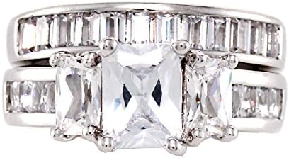 Rhodium Plated Three Stone Emerald Cut Premium CZ Prong Setting Engagement Wedding Ring Set, Total 3 CT include Side Stone (9)