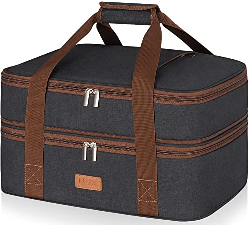 LHZK Double Decker Insulated Casserole Carrier for Hot or Cold Food, Expandable Hot Food Carrier, Lasagna Holder Tote for Potluck Parties, Picnic, Beach, Fits 11 x 15 or 9 x 13 Baking Dish (Black)