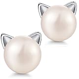 Pearl Cat Earrings,Sterling Silver Cat Earrings,Freshwater Cultured Pearl Earrings,Cat Pearl Earrings 7.5MM,Naughty Cute Cat Earrings,Silver Cat Earrings for Women Girls