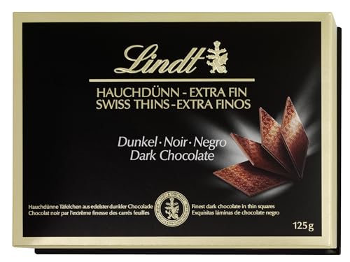Lindt Swiss Thins chocolate negro suave e intenso, laminas de chocolate extrafinas, chocolate negro fino,125g