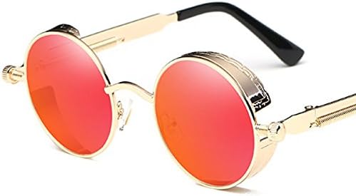FUJUE Retro Gothic STEAMPUNK Round Sunglasses Metal Frame Mirrored Circle Lens (Gold Frame Red Lens) (Red)