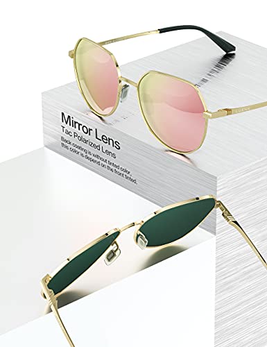 LUENX Women Sunglasses Polygon Round Square Polarized - Gold Frame Gold Temple Mirrored Driving uv 400 Protection 58 MM(Pink)