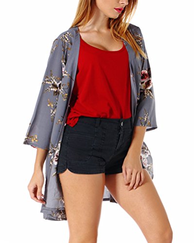 PopStore Women's Floral Print Sheer Kimono Cardigan Capes Chiffon 3/4 Sleeve Patchwork Casual Cover up Blouse Tops