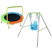 BestValue Go Toddler Swing Garden Metal Swing Chair with High Back Seat + Folding Multicolor Junior Trampoline with Handle Quick Assembly